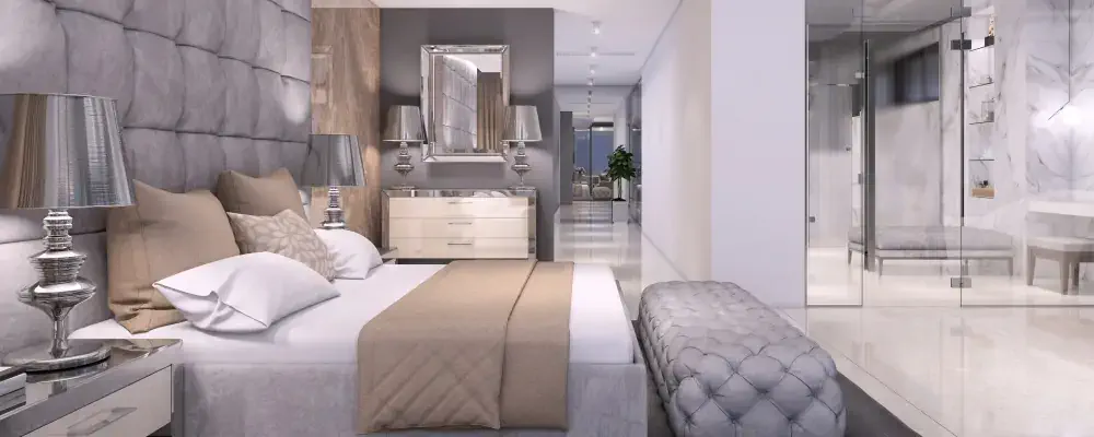 Luxury hotel like bedroom interior with large bed, seat, and terrace. expensive marble wall and large bathroom with glass wall. copy space render