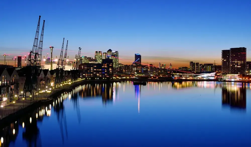 London Docklands view over Royal Victoria Dock. Including O2Arena, Canary Wharf , City of London