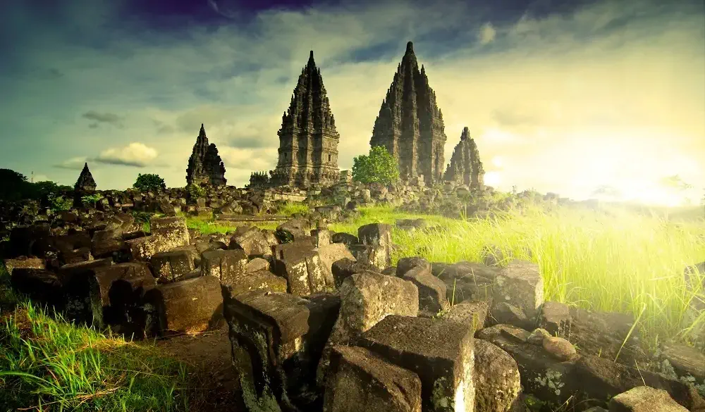 morning sunrise at ruins of prambanan ,java indonesia. unesco world heritage site