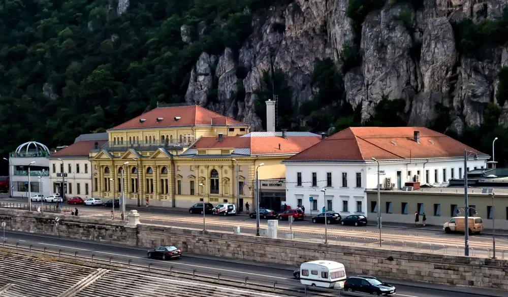 Rudas Baths Ottoman architecture Turkish bath. Medicinal Thermal Baths Spa building in Danube riverside. Liberty satue on the top of the Gellert hill.