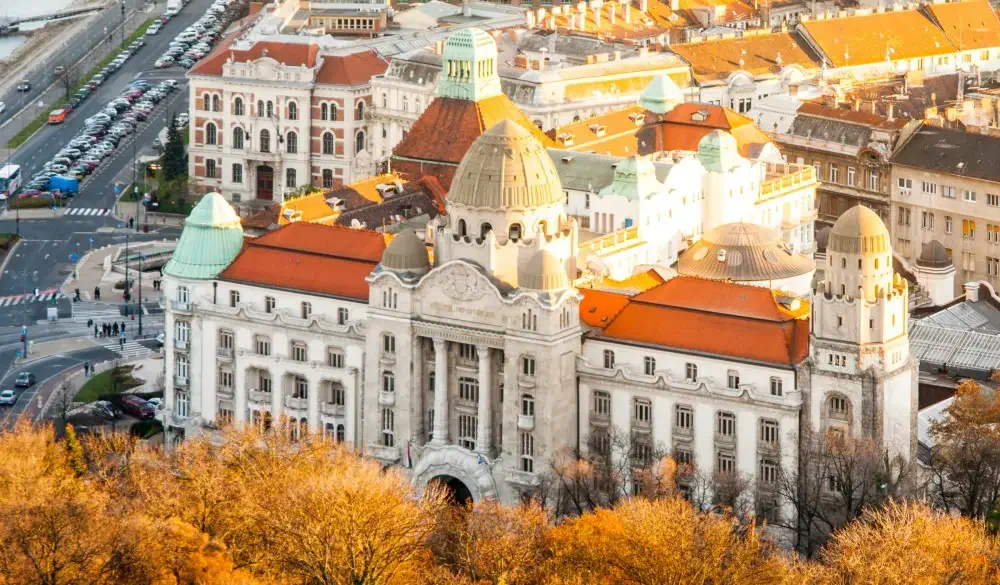 Aerial view of Gellert thermal spa historical building from Gellert Hill, Budapest, Hungary, Europe.