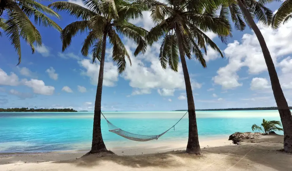 A hammock hangs in the shade of Coconut Palms beside a beautiful tropical turquoise lagoon