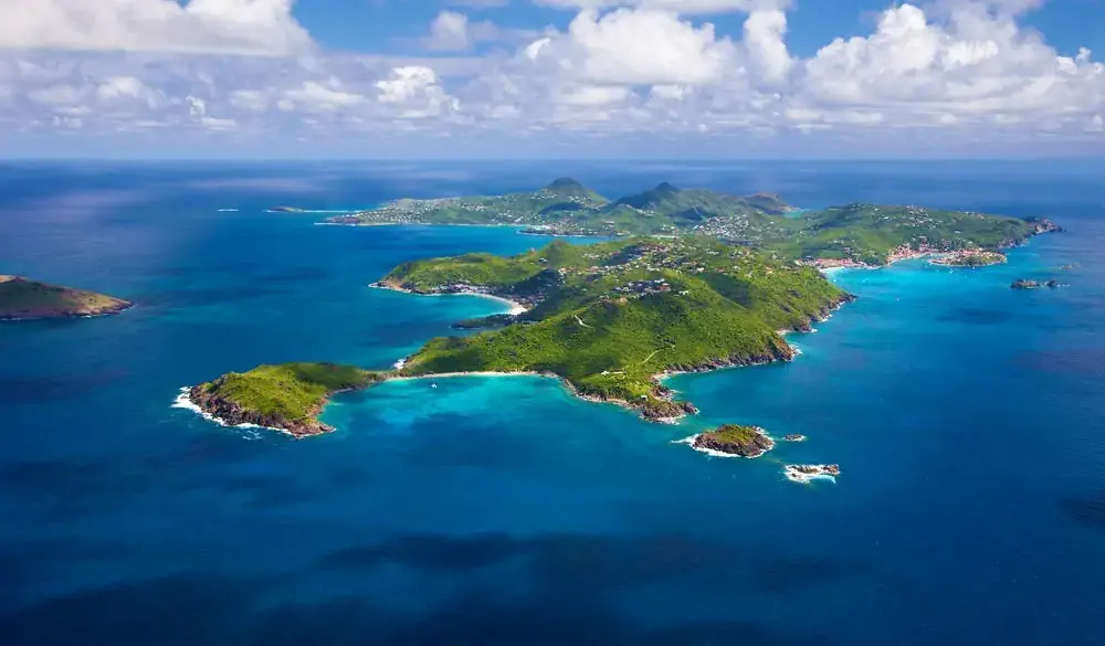 aerial view of St. Barths, French West Indies from west to east side of the island, taken from a light aircraft