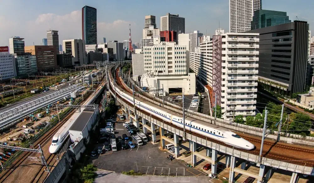 Tokyo Skyline with trains Shinkansen, bucket list