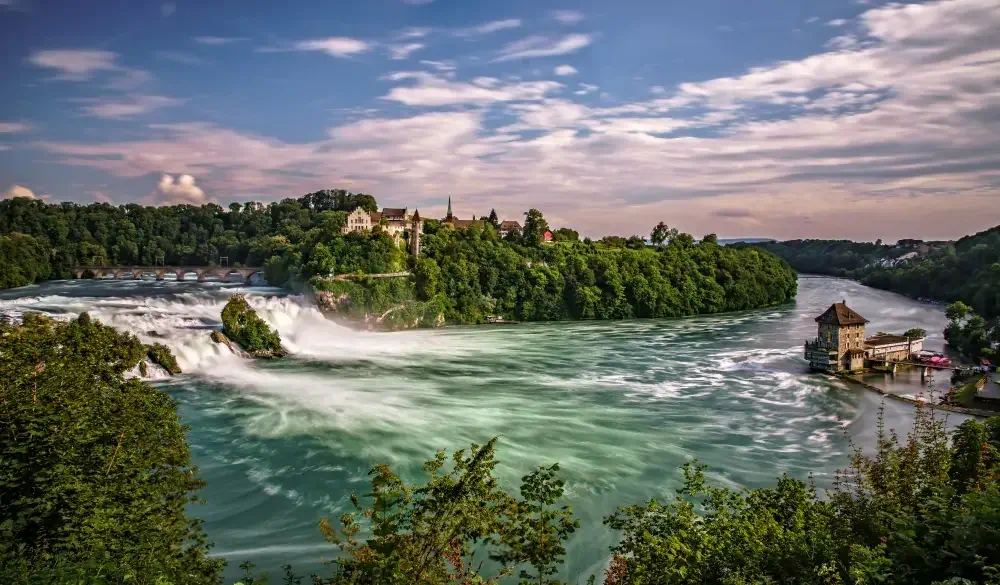 Rhine Falls (Rheinfall) waterfalls with Schloss Laufen castle, Neuhausen near Schaffhausen, Canton Schaffhausen, Switzerland, Europe