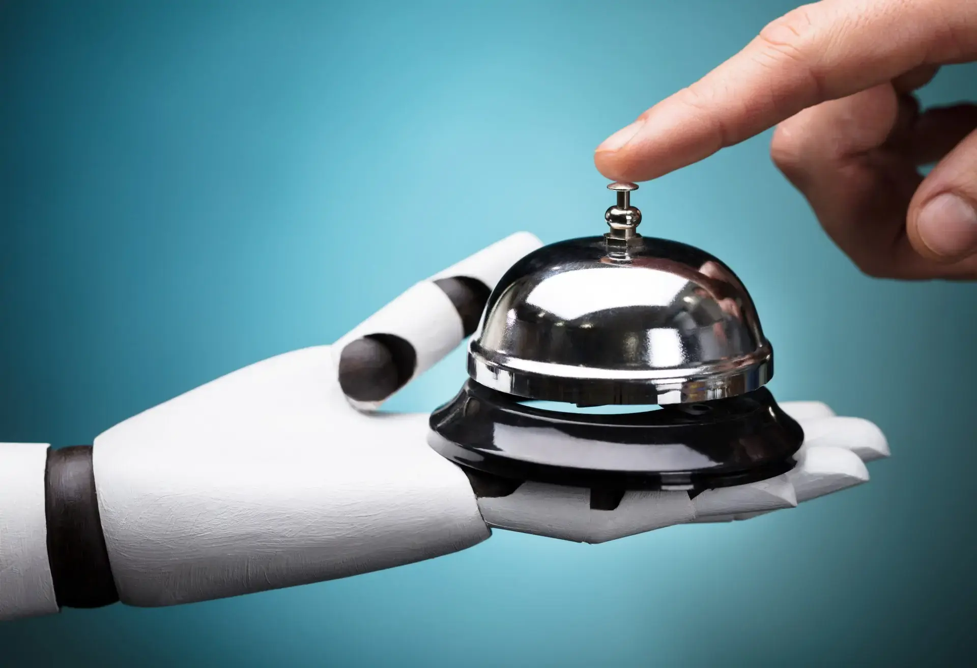 Person Ringing Service Bell Hold By Robot