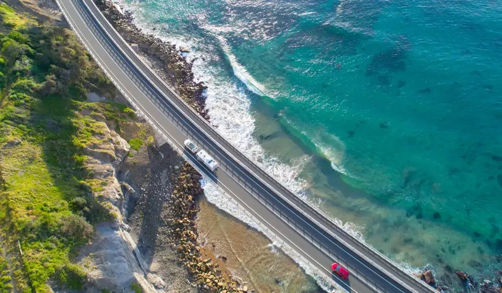 Sea Cliff Bridge, New South Wales Aerial, iconic Australian raad trip destination
