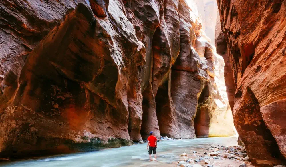 Man hiking in the Narrows, Zion National park, USA