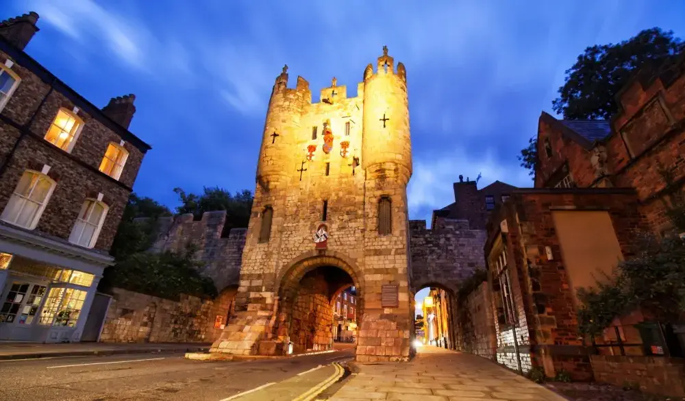 Micklegate Bar at night in York, United Kingdom