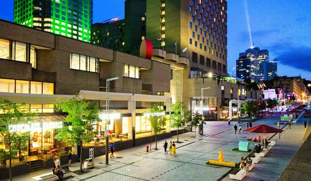 Montreal's Place des festivals skyline at blue hour